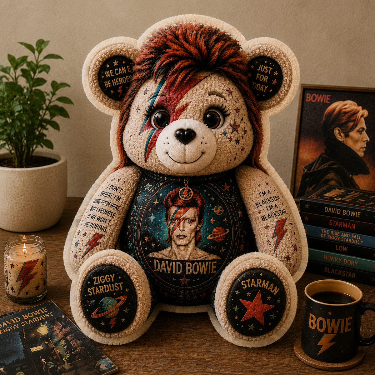 David Bowie Bear Custom Shaped Pillow – Gift for Classic Music Lovers