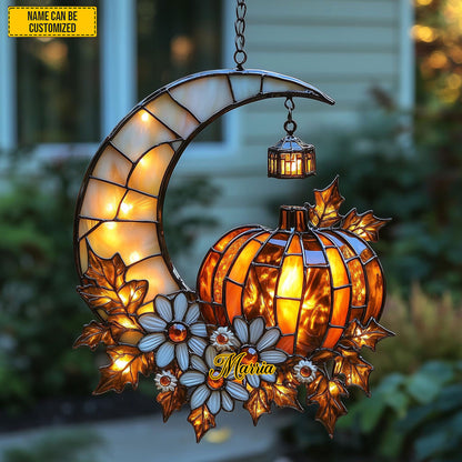 Autumn Pumpkin Crescent Moon Acrylic Window, Acrylic Window Hanging