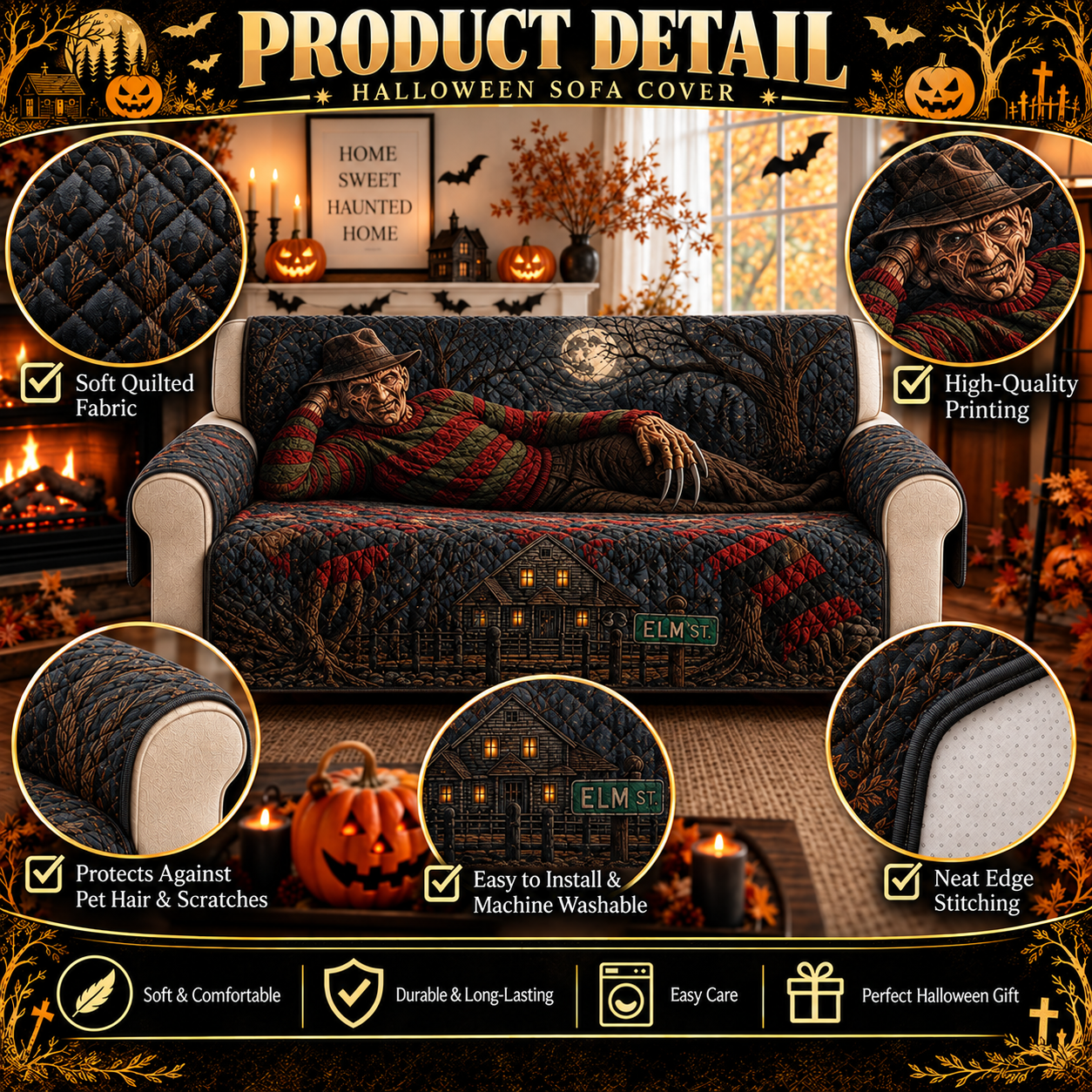 Nightmare on Elm Street Horror Sofa Cover – Halloween Horror Quilted Home Decor