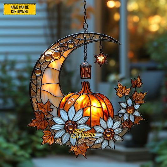 Autumn Pumpkin Crescent Moon Acrylic Window, Acrylic Window Hanging