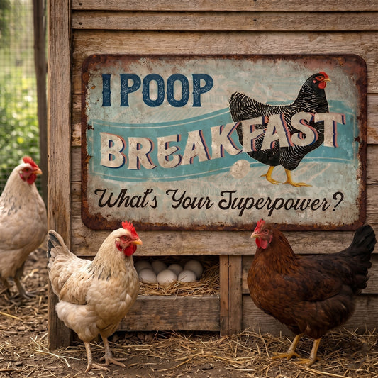 I Poop Breakfast What's Your Superpower - Funny Chicken Metal Sign