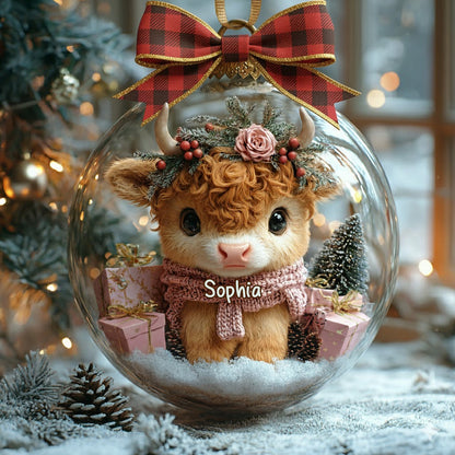 Personalized Cute Highland Cow Snow Globe Ornament With Bow