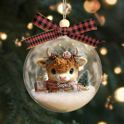 Personalized Cute Highland Cow Snow Globe Ornament With Bow