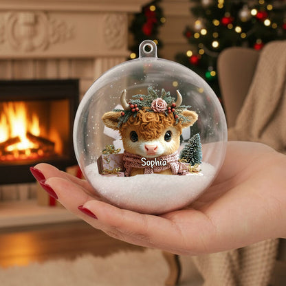 Personalized Cute Highland Cow Snow Globe Ornament With Bow