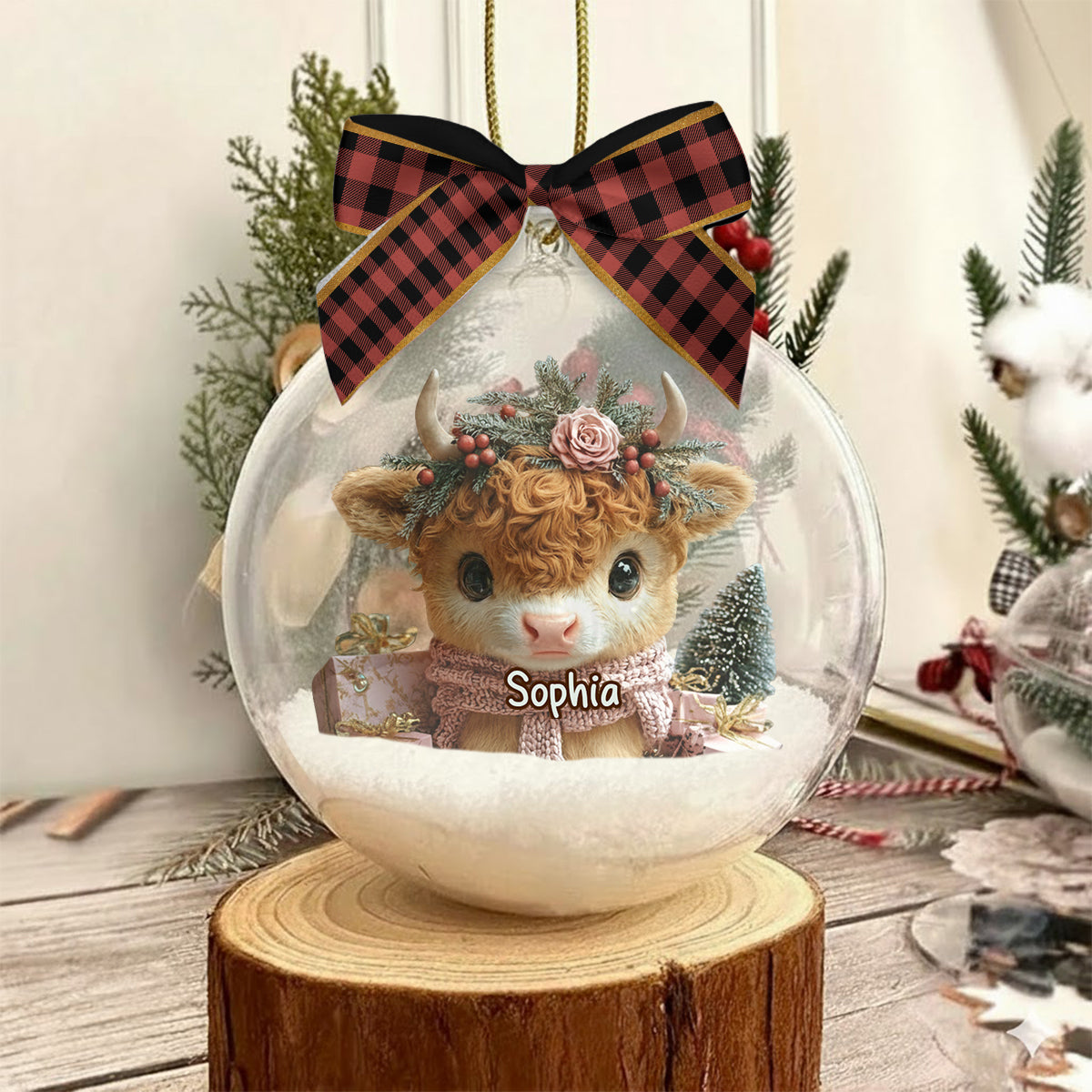 Personalized Cute Highland Cow Snow Globe Ornament With Bow