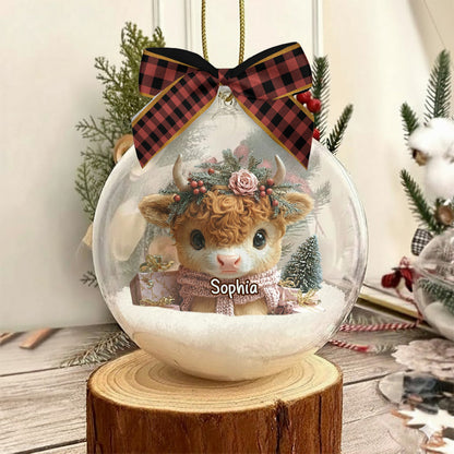Personalized Cute Highland Cow Snow Globe Ornament With Bow