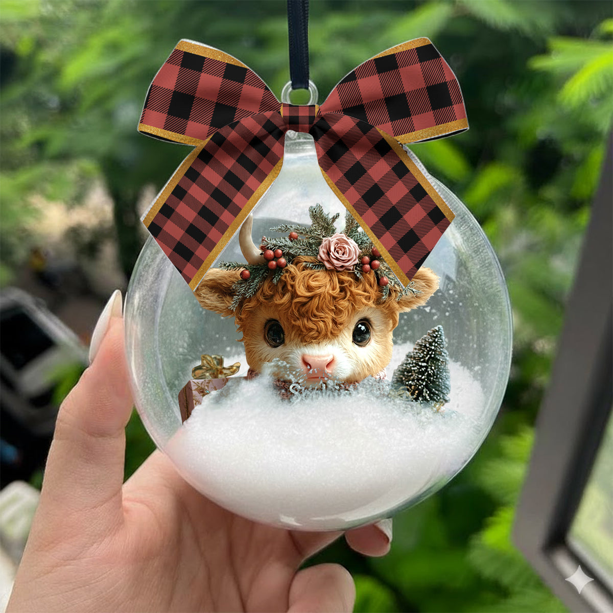 Personalized Cute Highland Cow Snow Globe Ornament With Bow