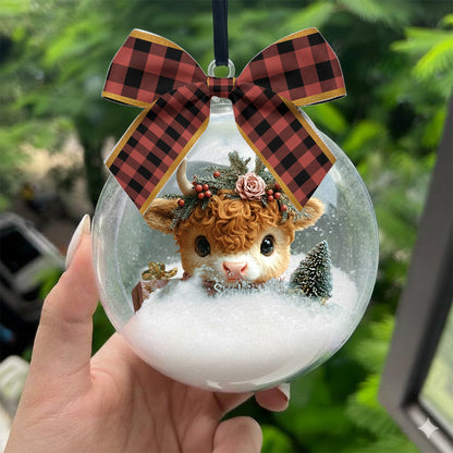 Personalized Cute Highland Cow Snow Globe Ornament With Bow