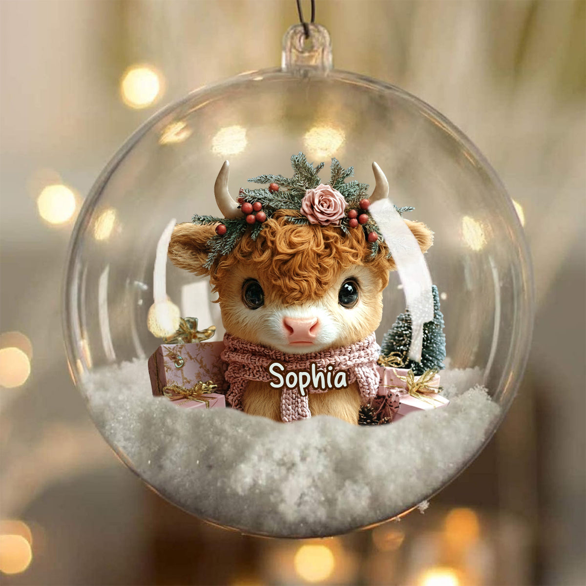 Personalized Cute Highland Cow Snow Globe Ornament With Bow