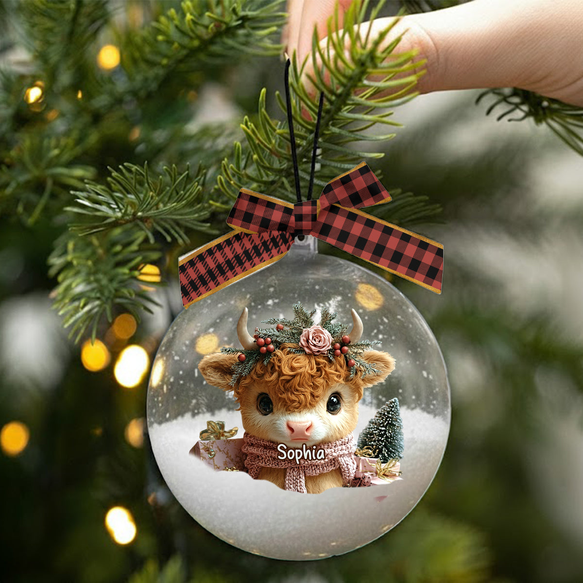 Personalized Cute Highland Cow Snow Globe Ornament With Bow