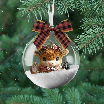Personalized Cute Highland Cow Snow Globe Ornament With Bow