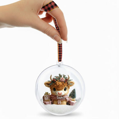 Personalized Cute Highland Cow Snow Globe Ornament With Bow