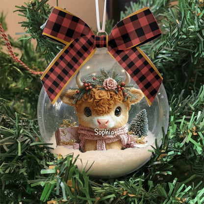 Personalized Cute Highland Cow Snow Globe Ornament With Bow