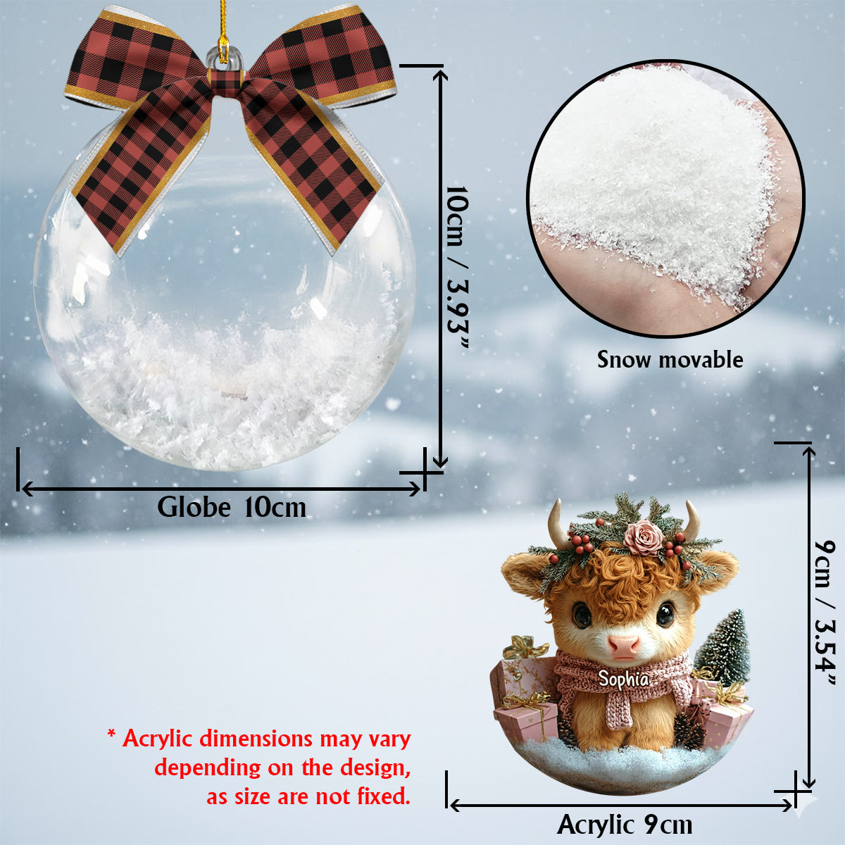 Personalized Cute Highland Cow Snow Globe Ornament With Bow