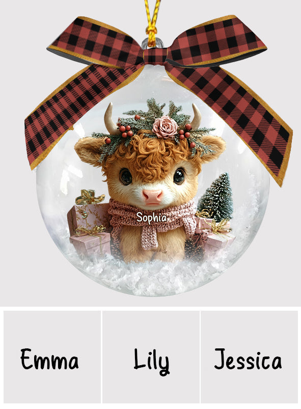 Personalized Cute Highland Cow Snow Globe Ornament With Bow