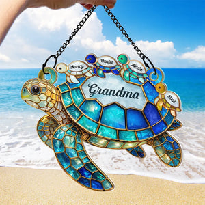 Mom Grandma Turtle Stained Glass - Personalized Window Hanging Suncatcher Ornament