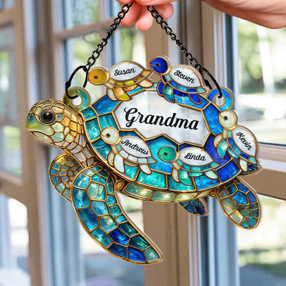 Mom Grandma Turtle Stained Glass - Personalized Window Hanging Suncatcher Ornament