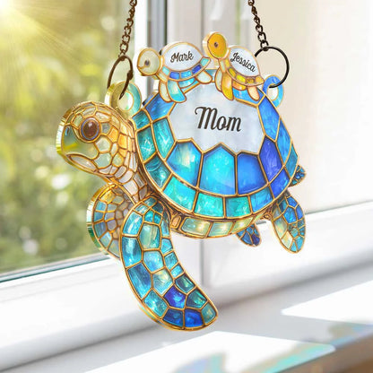 Mom Grandma Turtle Stained Glass - Personalized Window Hanging Suncatcher Ornament