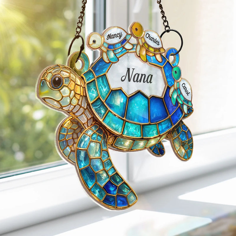 Mom Grandma Turtle Stained Glass - Personalized Window Hanging Suncatcher Ornament