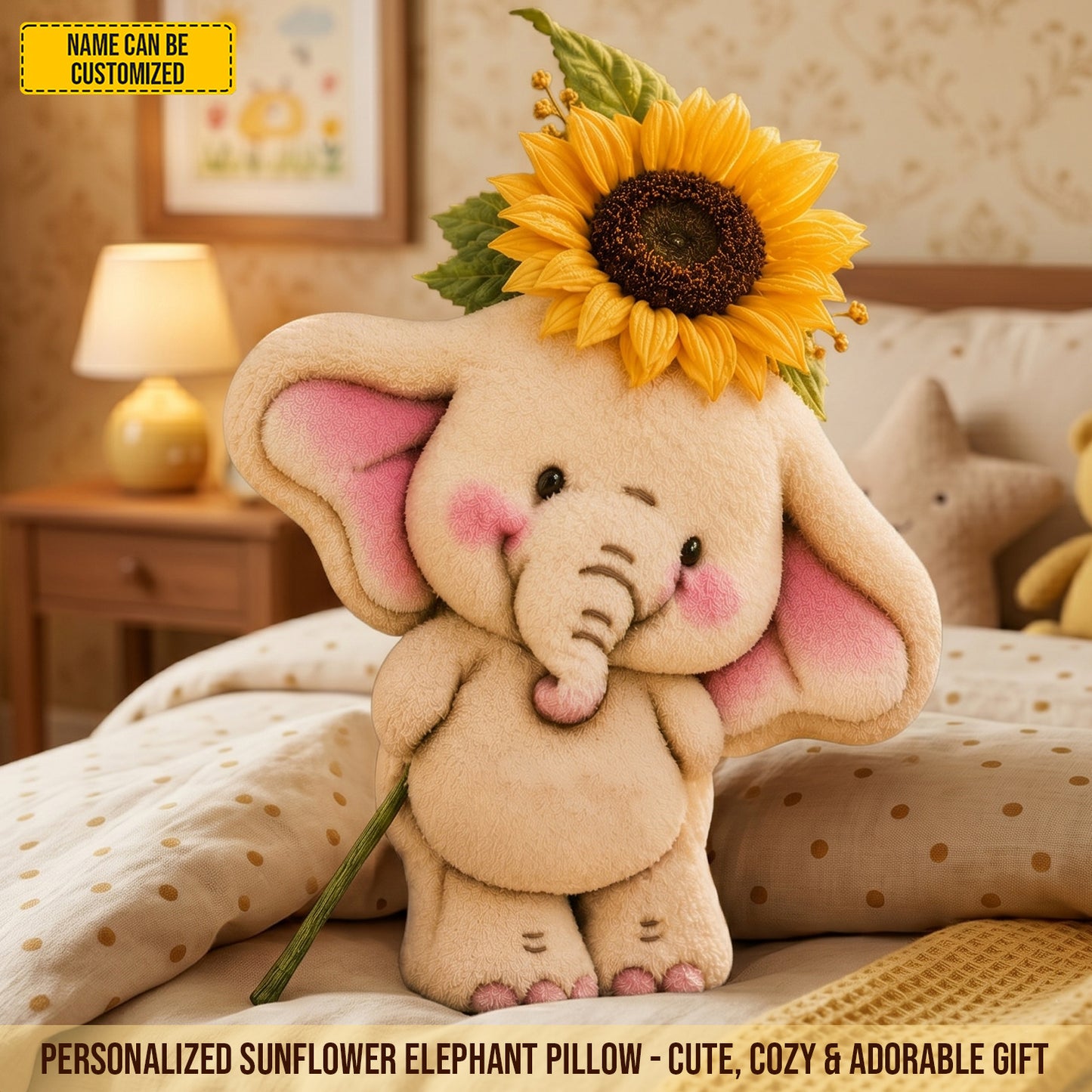 Personalized Cute Sunflower Elephant Pillow