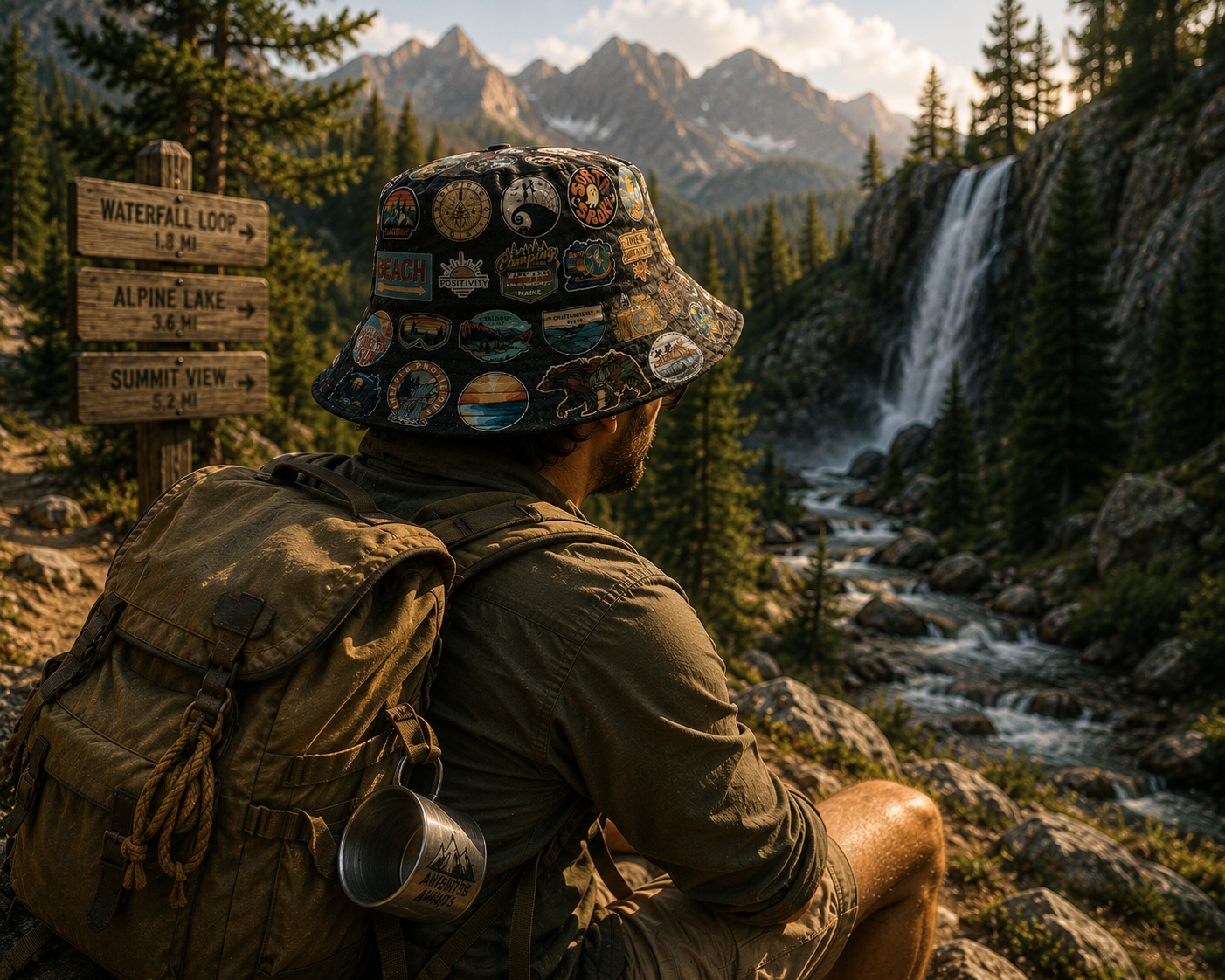 Classic Vintage Hiking & Camping All Over Bucket Hat