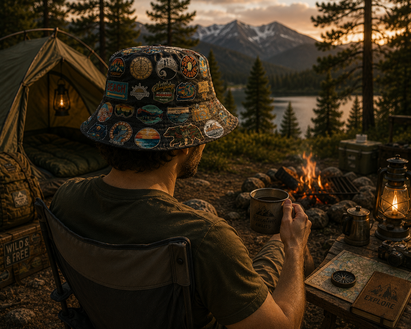 Classic Vintage Hiking & Camping All Over Bucket Hat