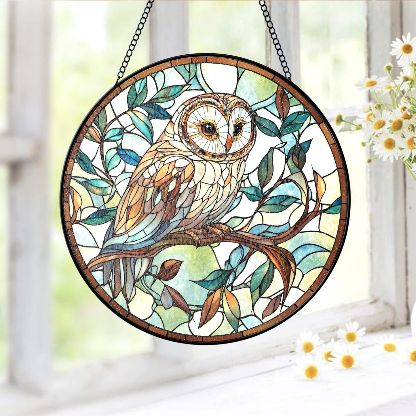 Owl Stained Glass Suncatcher: Bird Window Hanging Decor
