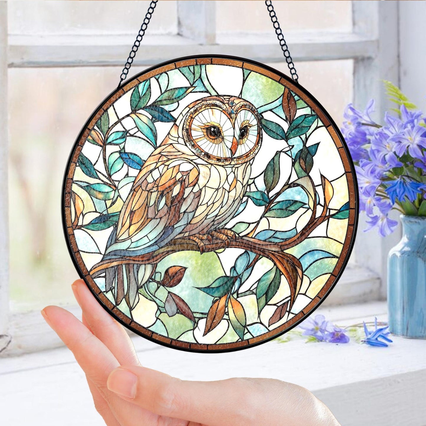 Owl Stained Glass Suncatcher: Bird Window Hanging Decor