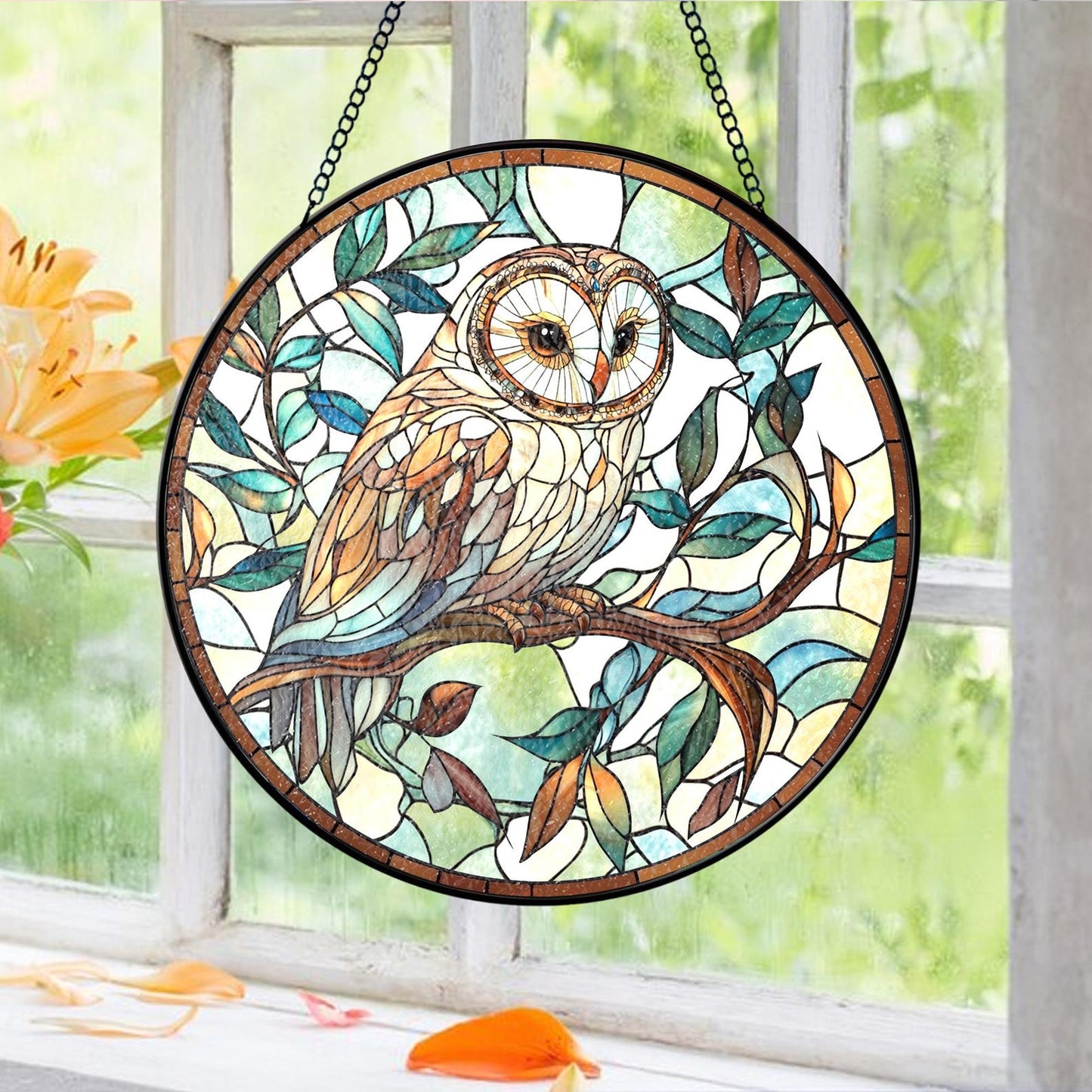Owl Stained Glass Suncatcher: Bird Window Hanging Decor