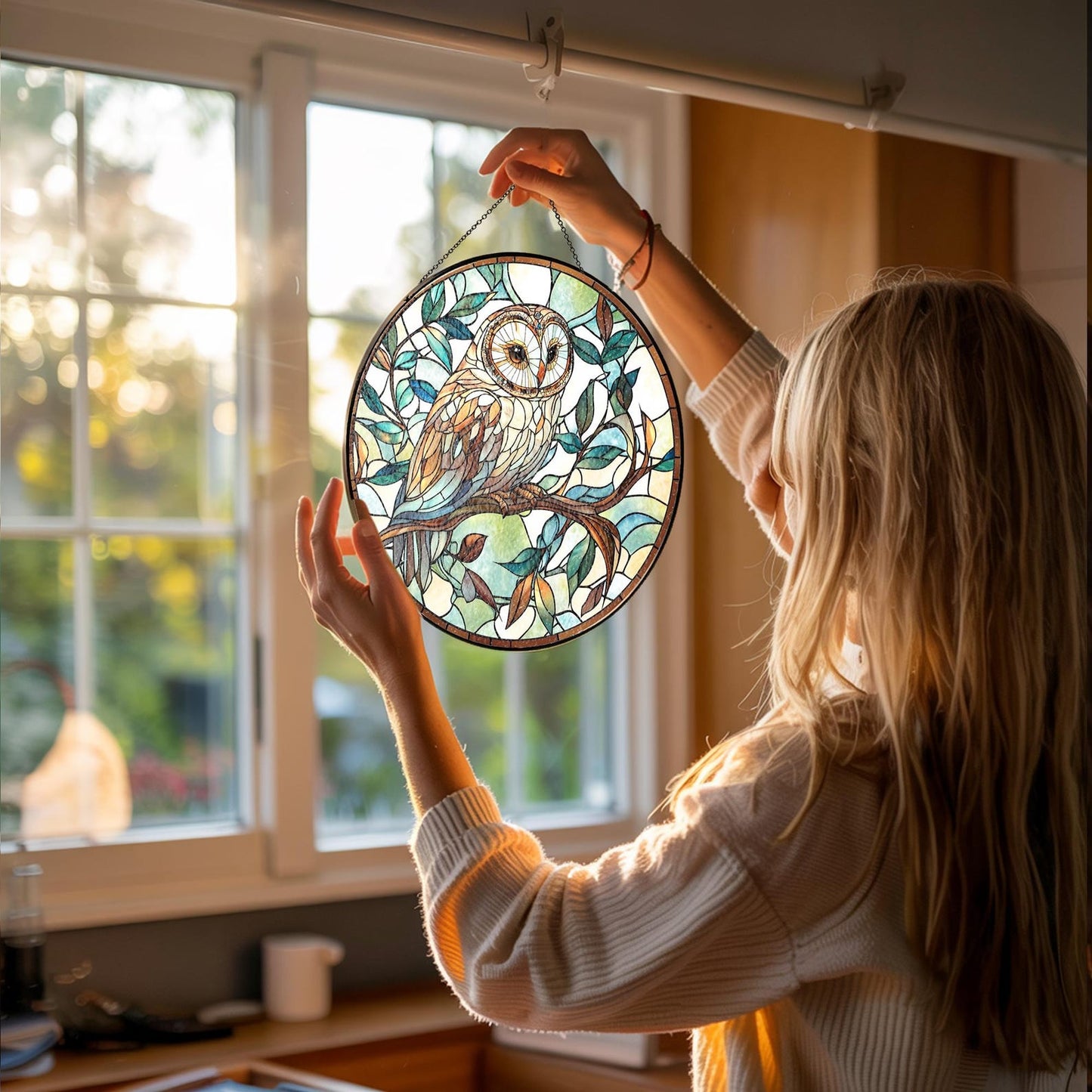 Owl Stained Glass Suncatcher: Bird Window Hanging Decor