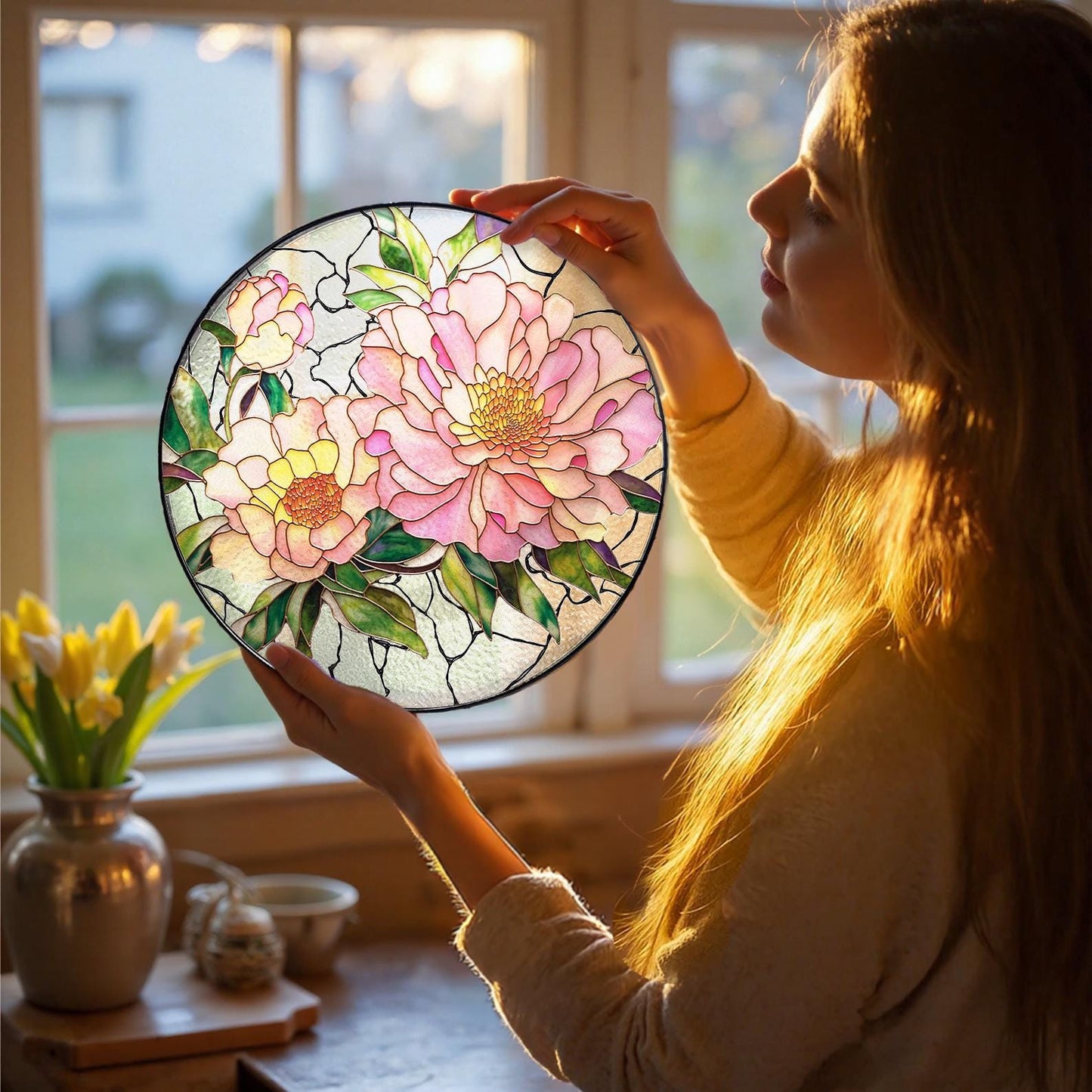 Peony Flower Stained Glass Suncatcher - Home Decor