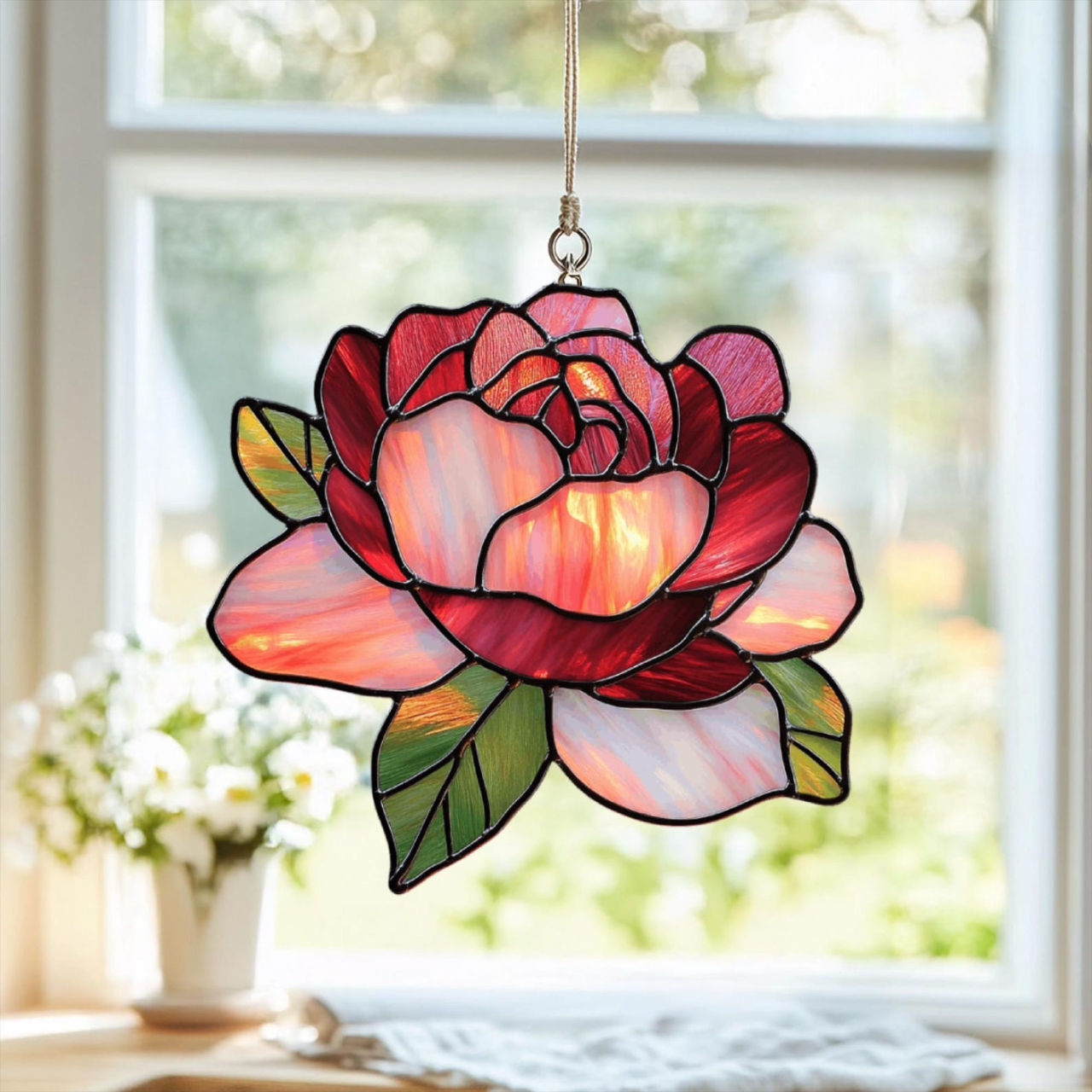 Peony Suncatcher - Personalized Shape Stained Glass Suncatcher