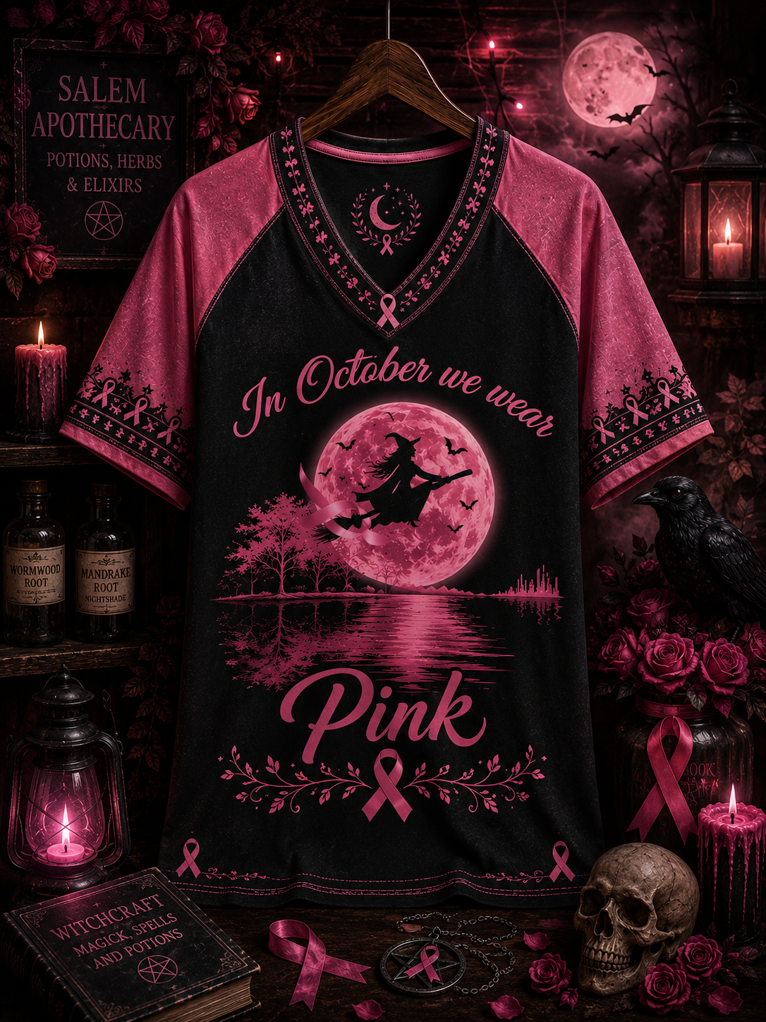In October We Wear Pink Ribbon Witch Breast Cancer Halloween Shirt