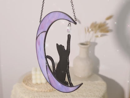 Moon Cat Suncatcher - Celestial Window Shape Stained Glass Suncatcher