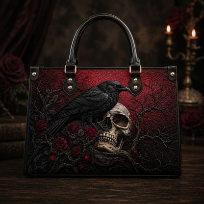 The Raven Gothic Leather Handbag – Dark Literary Skull & Rose Bag