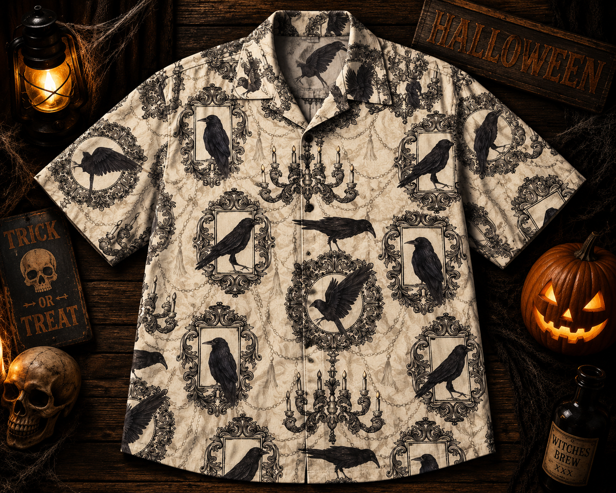 Gothic Raven Vintage Frames – Halloween Hawaiian Shirt