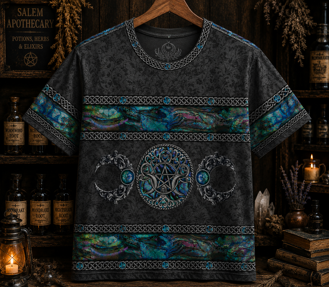 Triple Moon Pentacle , Mystical Pagan Shirt - Witchy Halloween Shirt