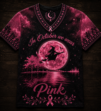 In October We Wear Pink Ribbon Witch Breast Cancer Halloween Shirt