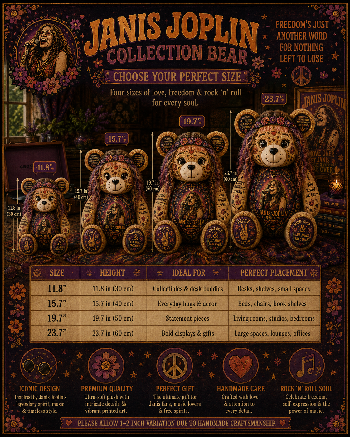 Janis Joplin Bear Custom Shaped Pillow – Gift for Classic Music Lover