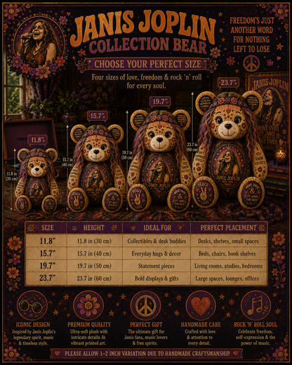 Janis Joplin Bear Custom Shaped Pillow – Gift for Classic Music Lover