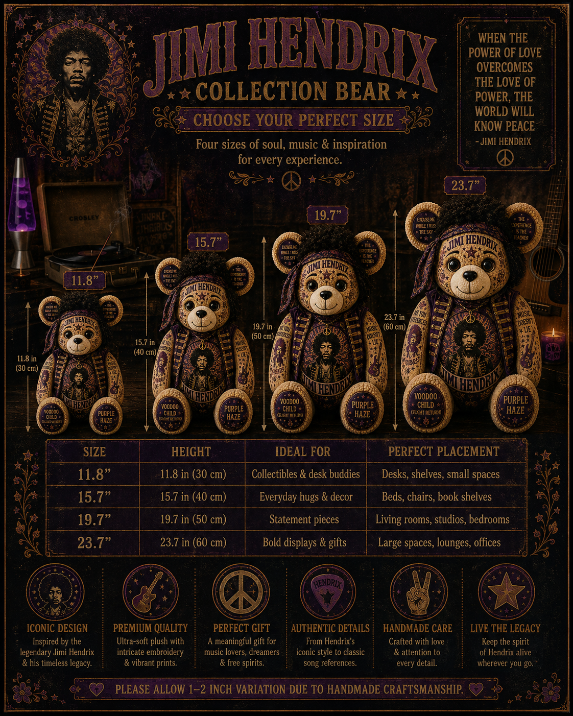 Jimi Hendrix Purple Haze Bear Custom Shaped Pillow – Psychedelic Rock Legend Music Lover Gift
