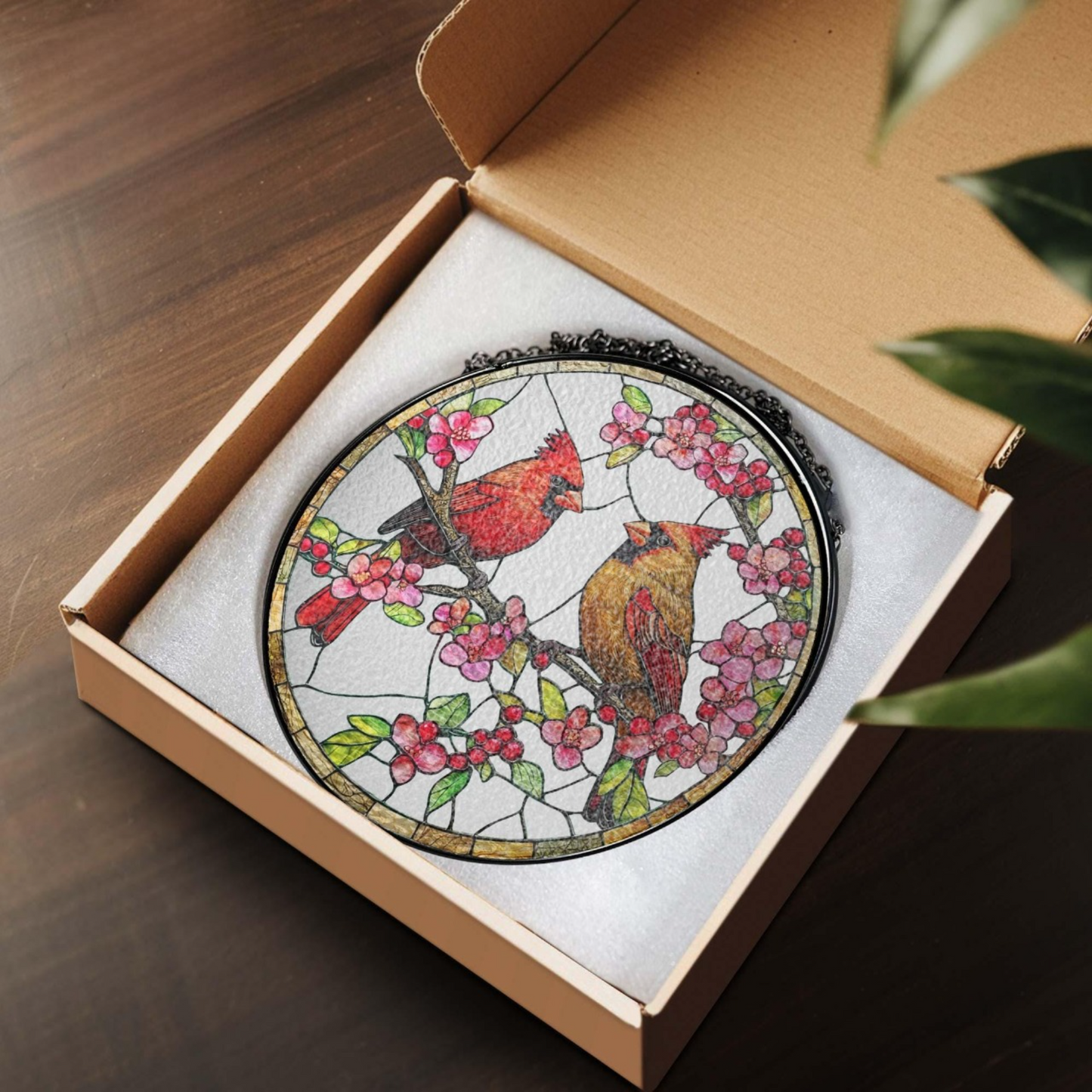 Red Cardinal Couple Stained Glass Suncatcher
