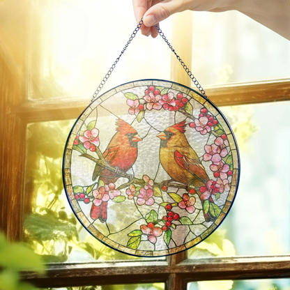 Red Cardinal Couple Stained Glass Suncatcher
