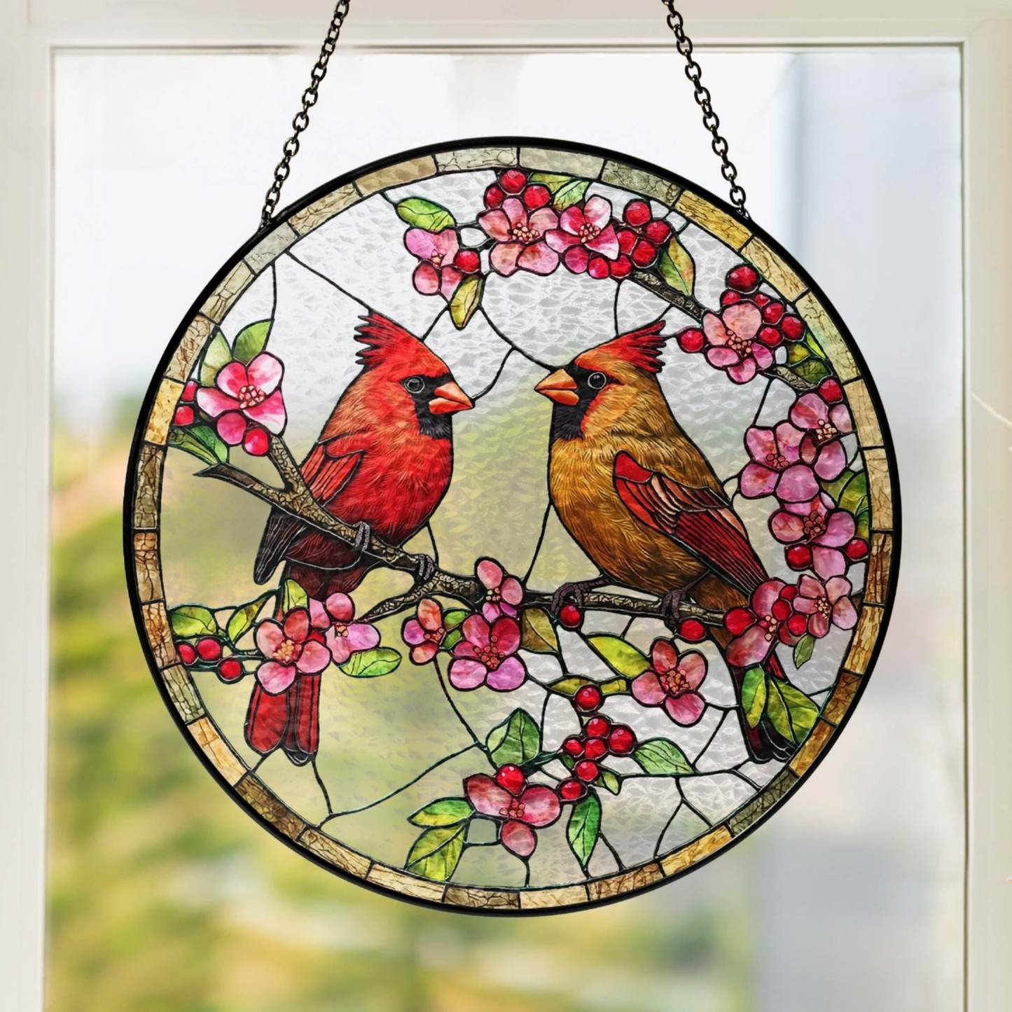Red Cardinal Couple Stained Glass Suncatcher