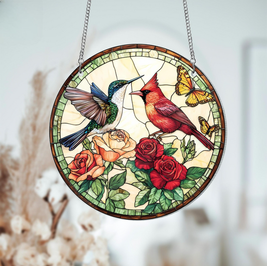 Couple Cardinal Stained Glass Suncatcher