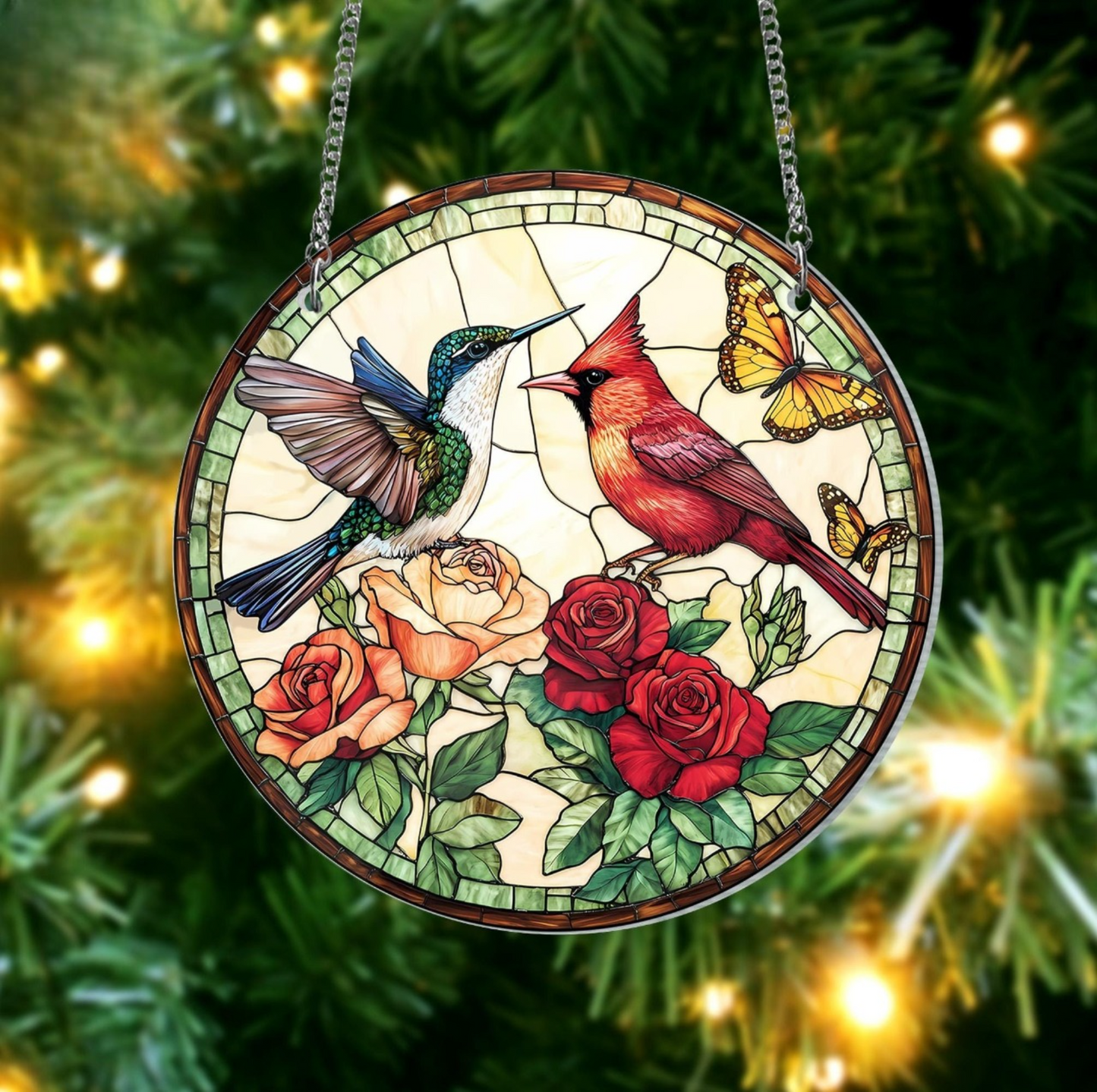 Couple Cardinal Stained Glass Suncatcher