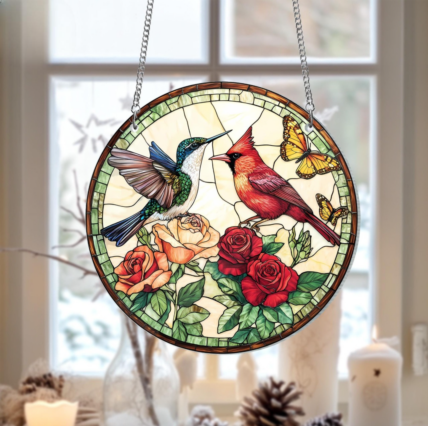 Couple Cardinal Stained Glass Suncatcher