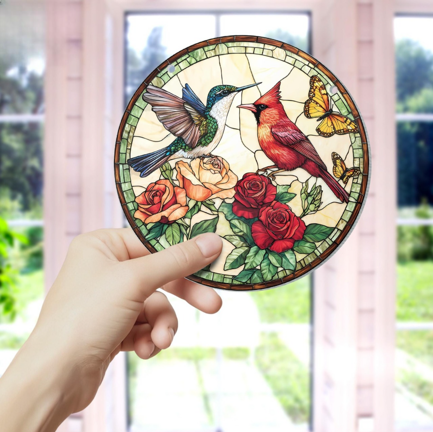 Couple Cardinal Stained Glass Suncatcher