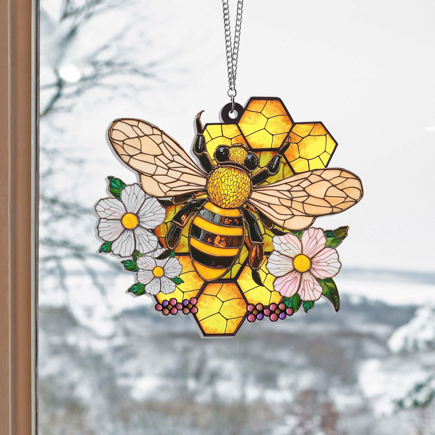 Honey Bee With Flowers Acrylic Window Hanging