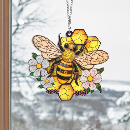 Honey Bee With Flowers Acrylic Window Hanging